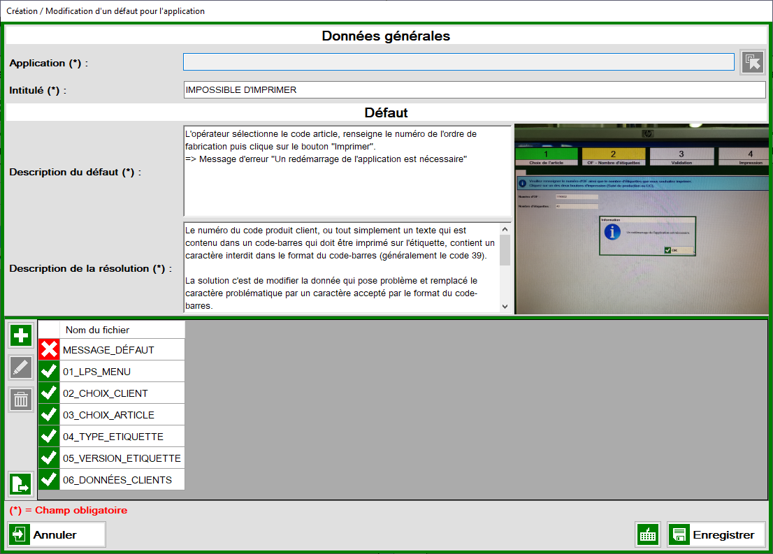 Procédure de résolution d'un défaut