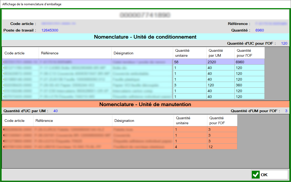 Nomenclature d'un ordre de fabrication